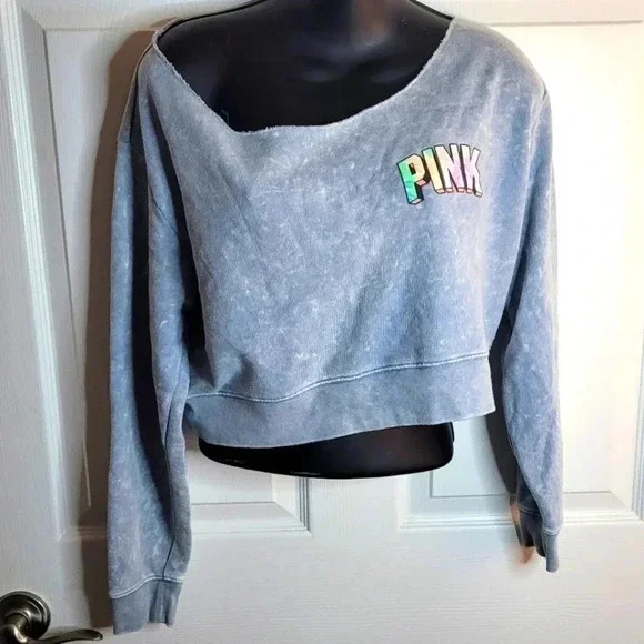 Victoria Secret Pink Sweatshirt Off Shoulder Crop top. Marble Blue - Picture 2 of 9